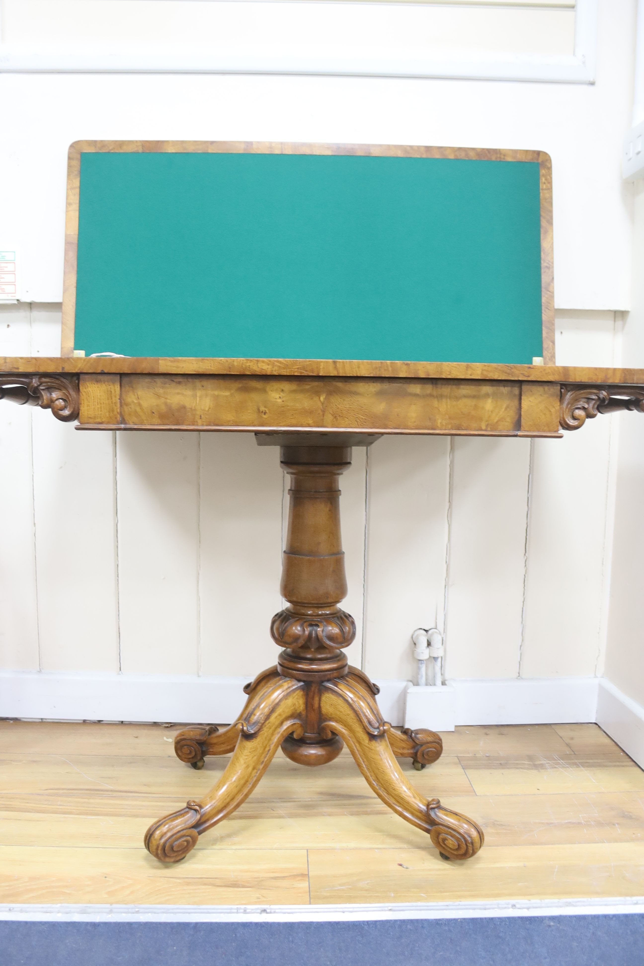 A William IV oak and pollard oak rectangular folding card table, width 92cm, depth 46cm, height 74cm
